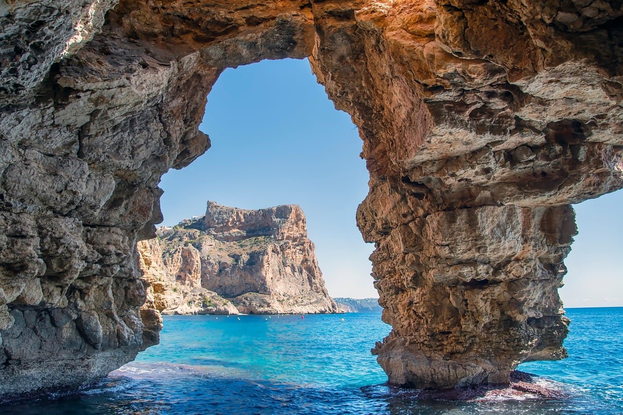 cave, landscape, marine, sea, cliff, darling, rocks, nature, water, moutains, alicante, spain