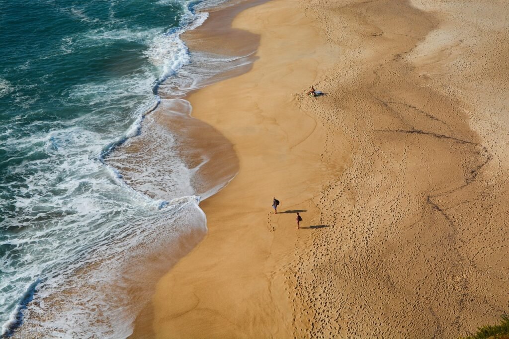 beach, sea, waves, sand, sandy beach, shore, seashore, ocean waves, ebb, portugal, ocean, algarve, water, landscape, coast, island, lisbon, aerial view, nature, bird's eye view, drone photography