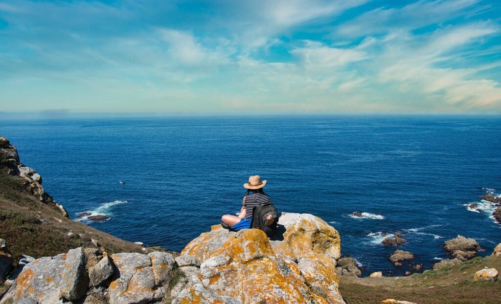 sea, cliff, hiker, cíes islands, coast, rocks, nature, hiking, coastline, water, horizon, sky, scenic, galicia, spain, hiking, galicia, spain, spain, spain, spain, spain